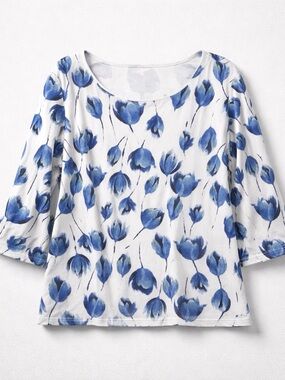 Karen Scott White Top with Blue Floral Print